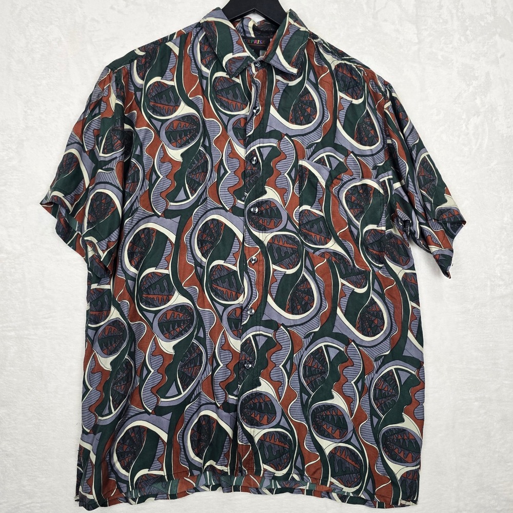Vintage Surprise 100% Silk Abstract Geometric Short Sleeve Button Down Shirt M
